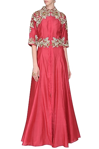 Carrot Red Embroidered Front Open Gown by Samant Chauhan