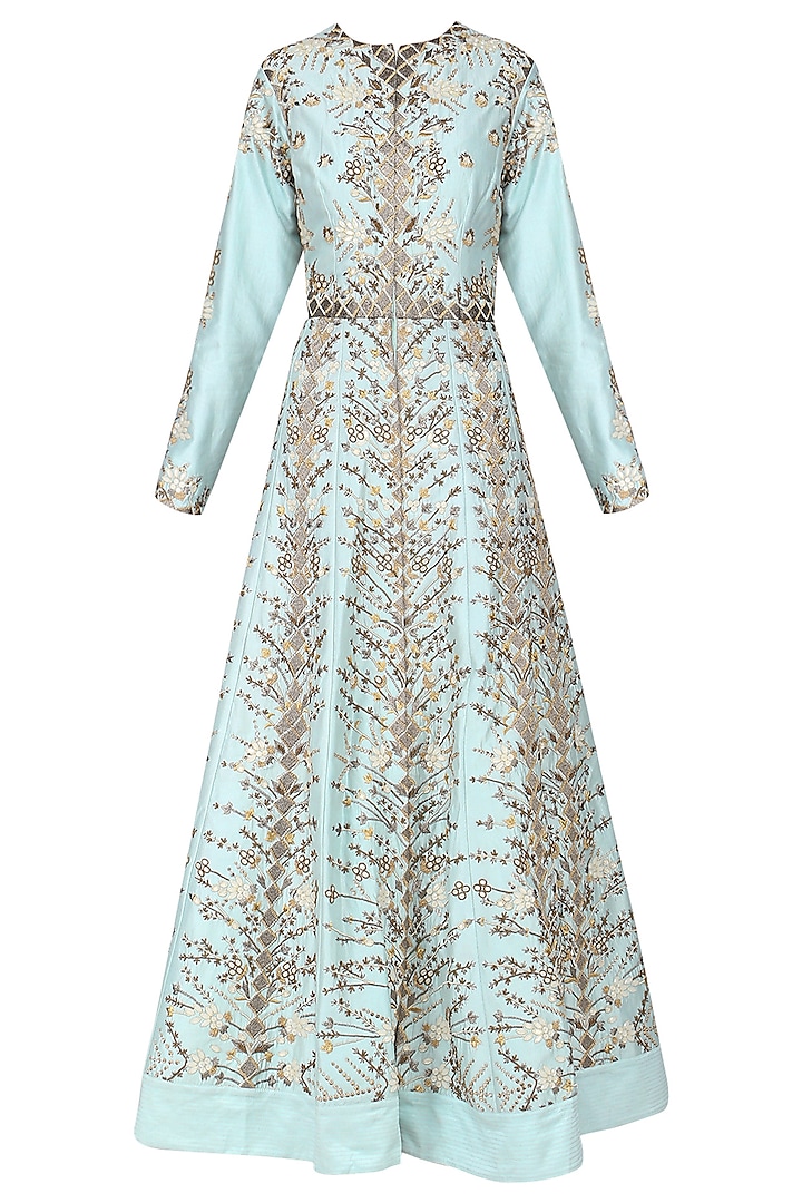 Sky Blue Embroidered Front Open Gown by Samant Chauhan