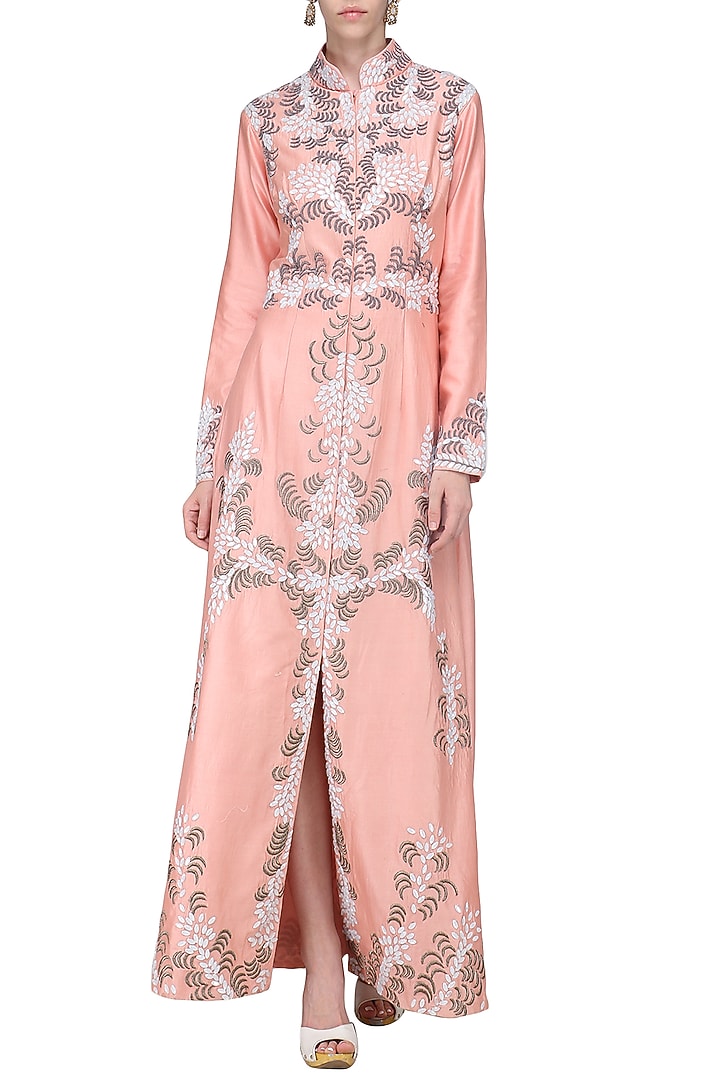Pink embroidered front open jacket with cream inner available only at Pernia's Pop Up Shop.