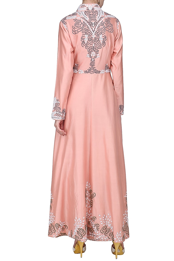 Pink embroidered front open jacket with cream inner available only at Pernia's Pop Up Shop.