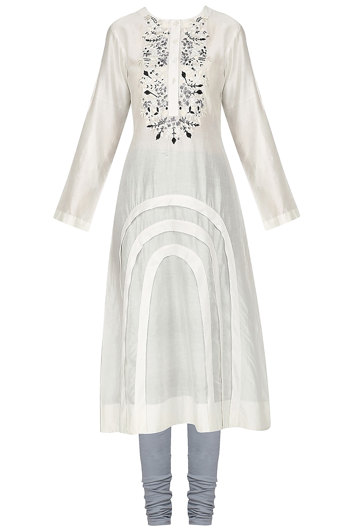 Off White Embroidered Kurta with Churidar Pants by Samant Chauhan