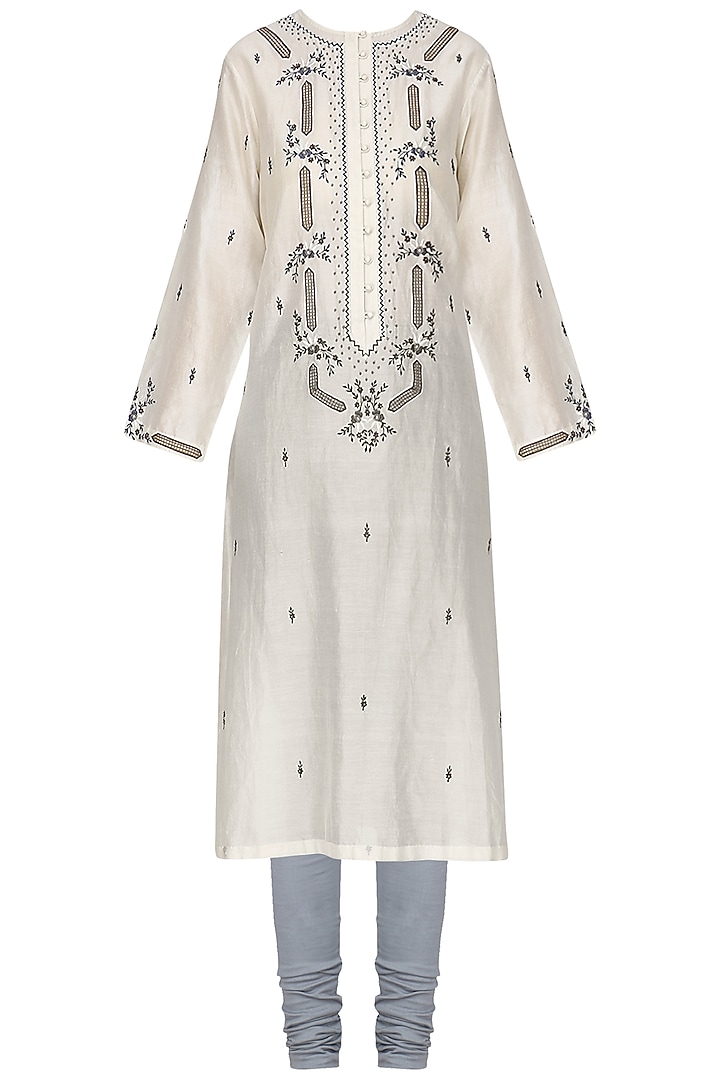 Off white zari embroidered kurta with churidar pants available only at Pernia's Pop Up Shop.