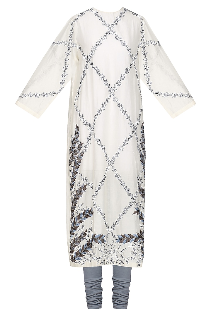 Off white thread embroidered kurta with churidar pants available only at Pernia's Pop Up Shop.