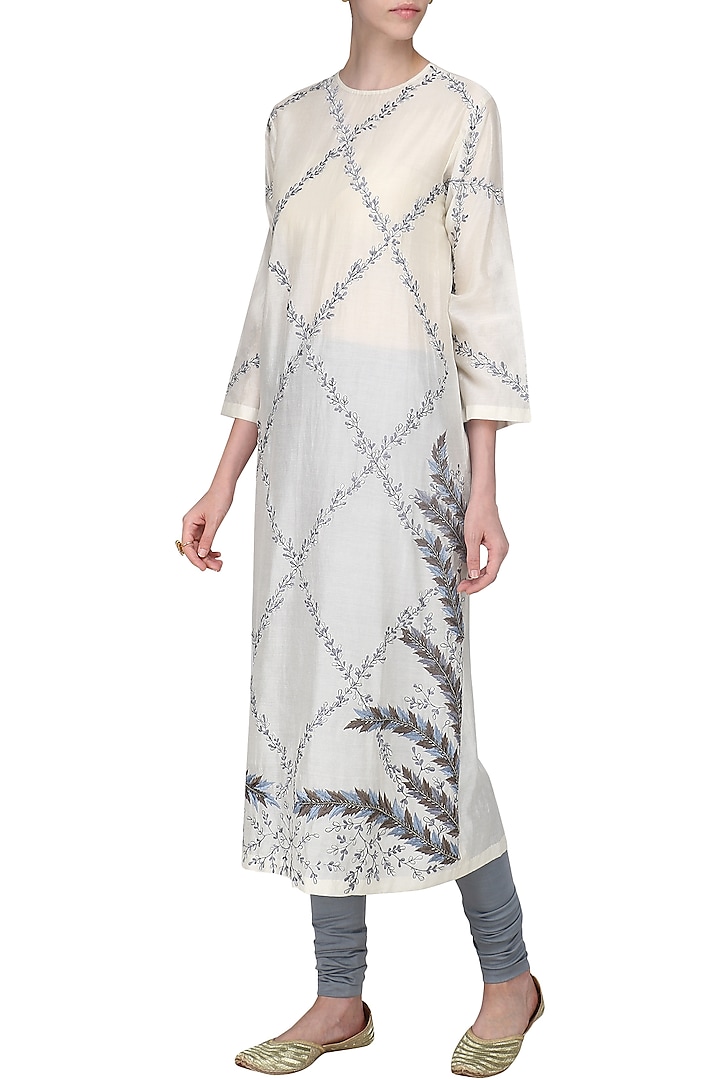 Off White Thread Embroidered Kurta with Churidar Pants by Samant Chauhan