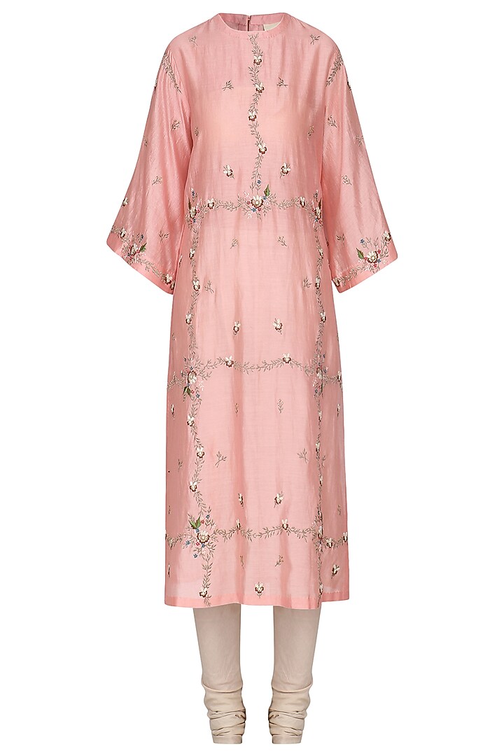Peach embroidered kurta with churidar pants available only at Pernia's Pop Up Shop.