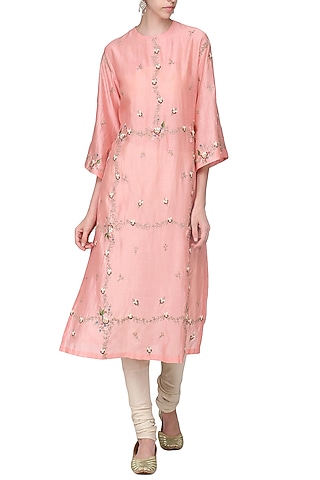 Peach Embroidered Kurta with Churidar Pants by Samant Chauhan