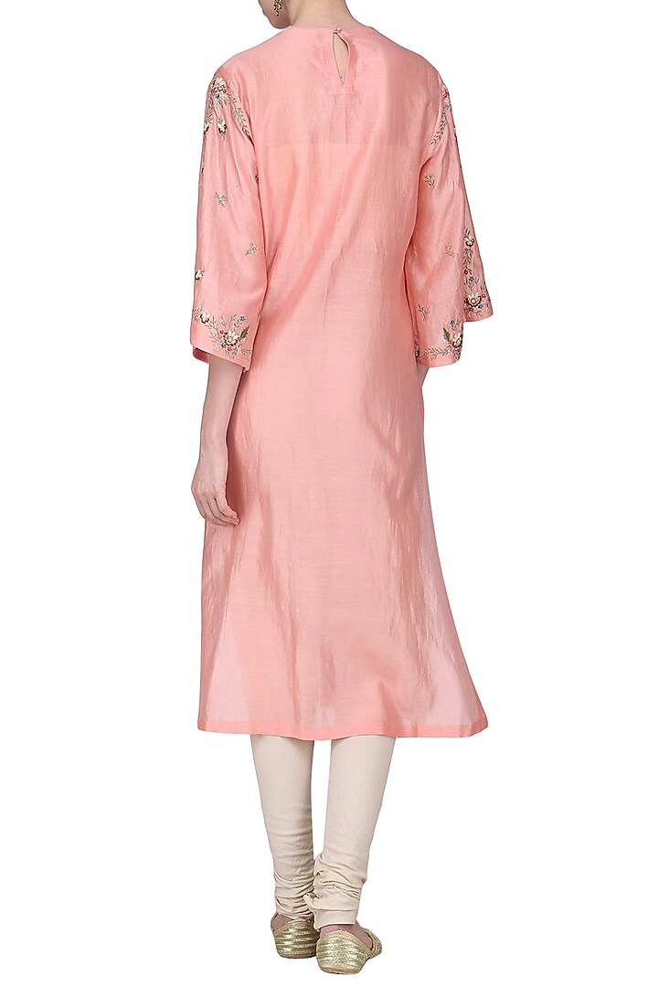 Peach embroidered kurta with churidar pants available only at Pernia's Pop Up Shop.