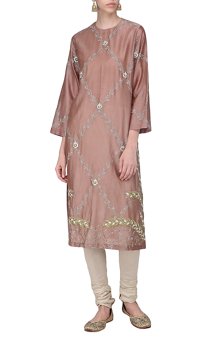 Rust Brown Embroidered Kurta with Churidar Pants by Samant Chauhan