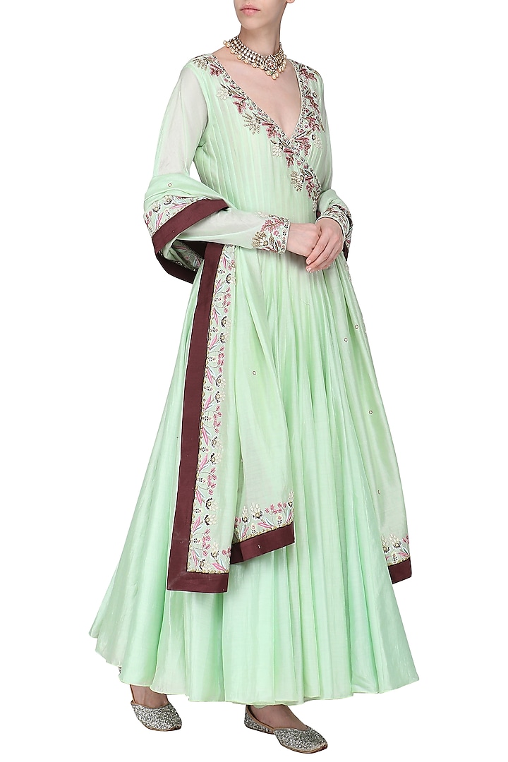 Mint Green Embroidered Anarkali Gown Set by Samant Chauhan