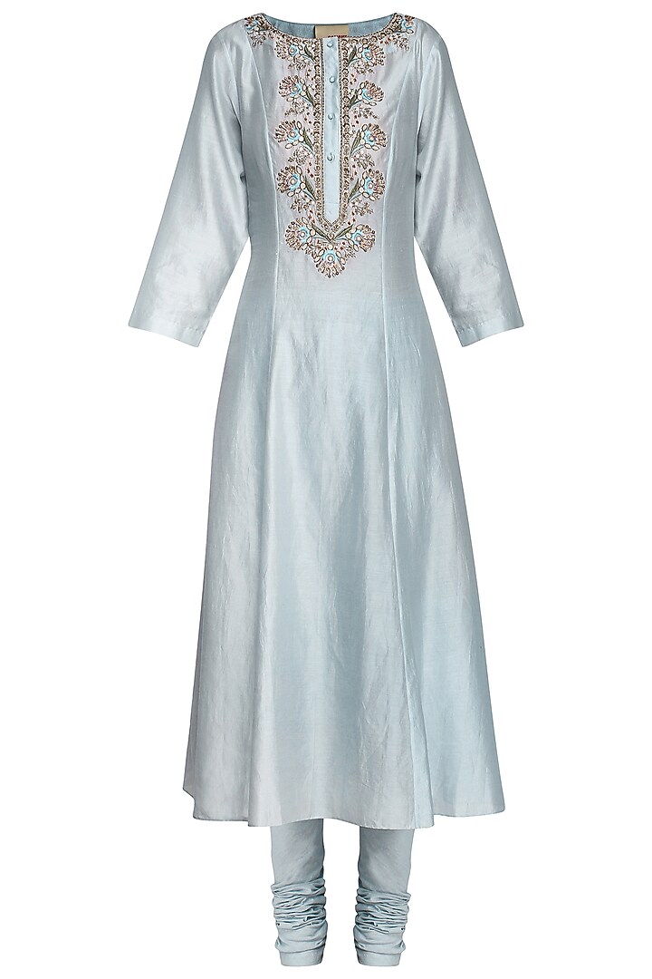 Powder blue zari embroidered kurta with churidar pants available only at Pernia's Pop Up Shop.