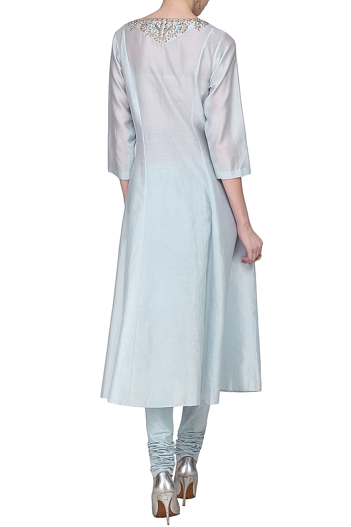 Powder blue zari embroidered kurta with churidar pants available only at Pernia's Pop Up Shop.