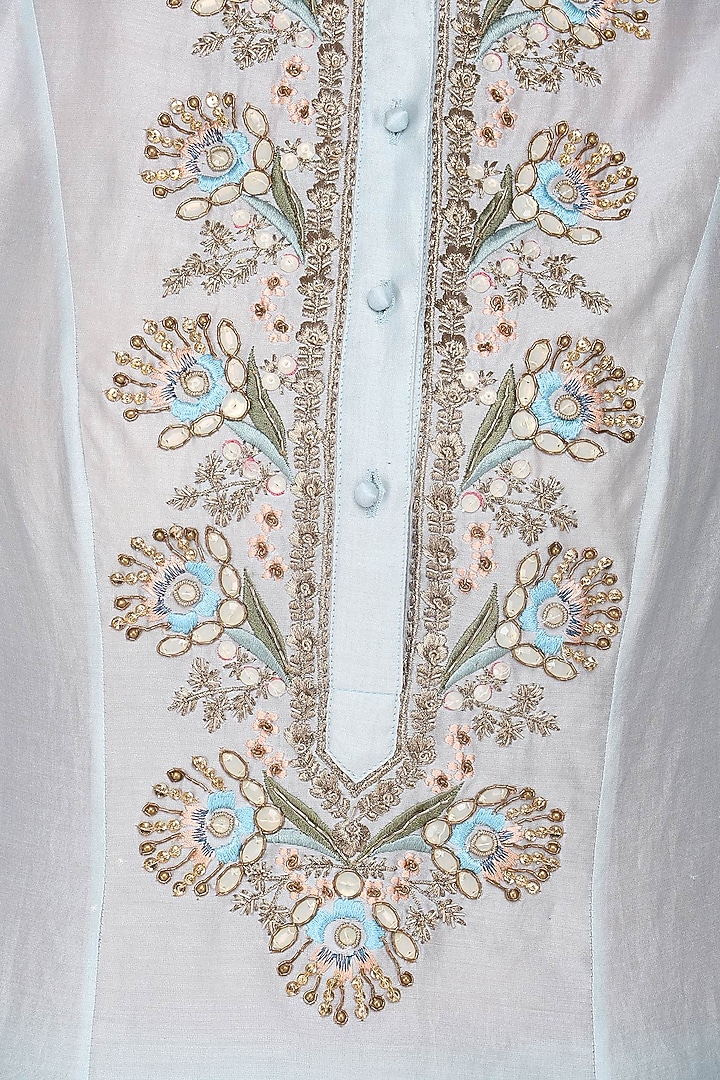 Powder blue zari embroidered kurta with churidar pants available only at Pernia's Pop Up Shop.