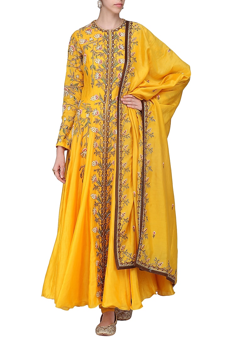 Orange Embroidered Anarkali Gown Set by Samant Chauhan