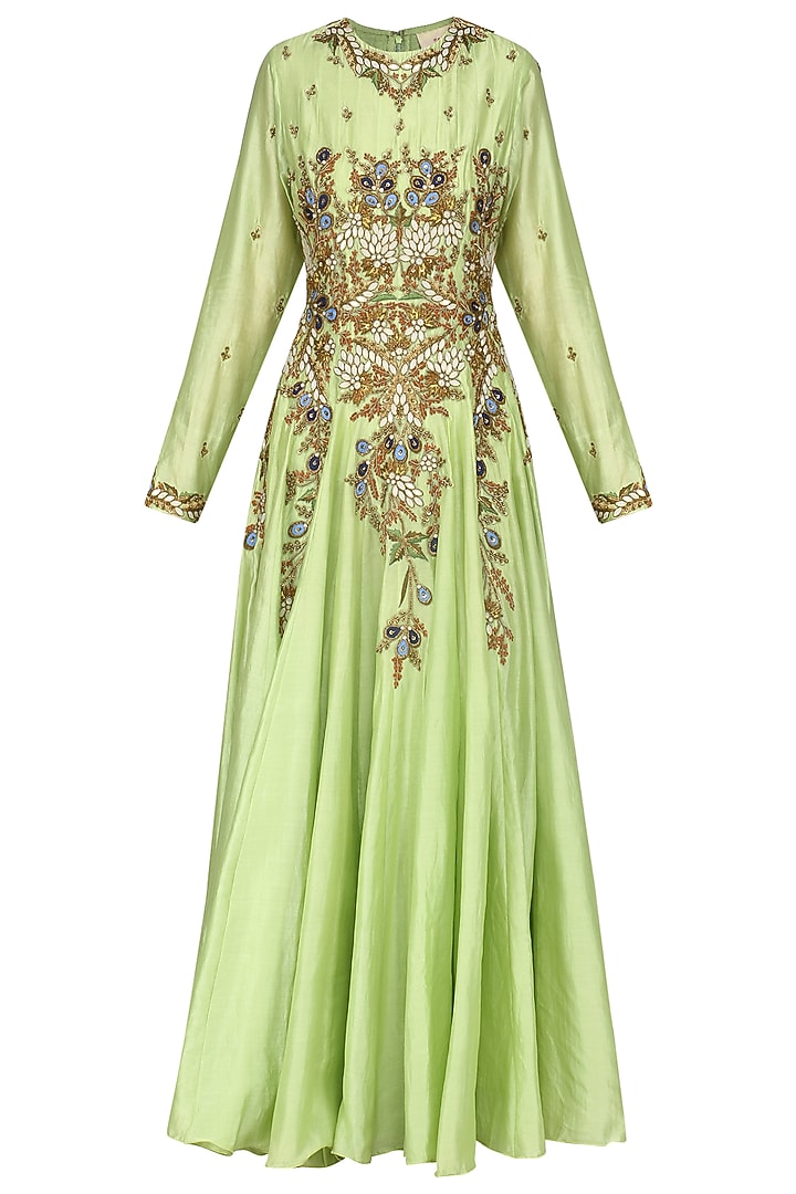 Parrot green embroidered anarkali gown set available only at Pernia's Pop Up Shop.
