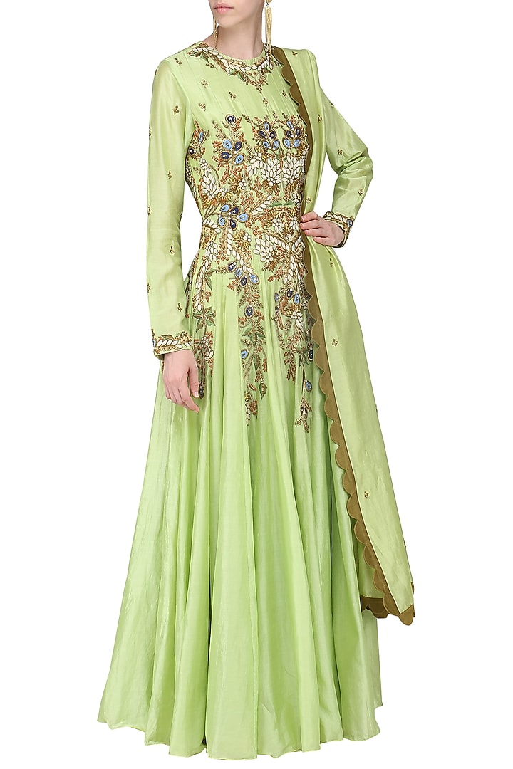 Parrot green embroidered anarkali gown set available only at Pernia's Pop Up Shop.