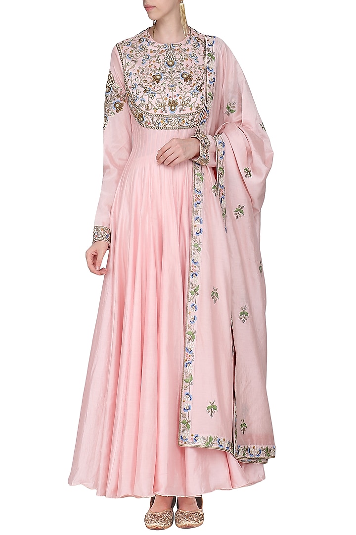 Pink Embroidered Anarkali Gown Set by Samant Chauhan