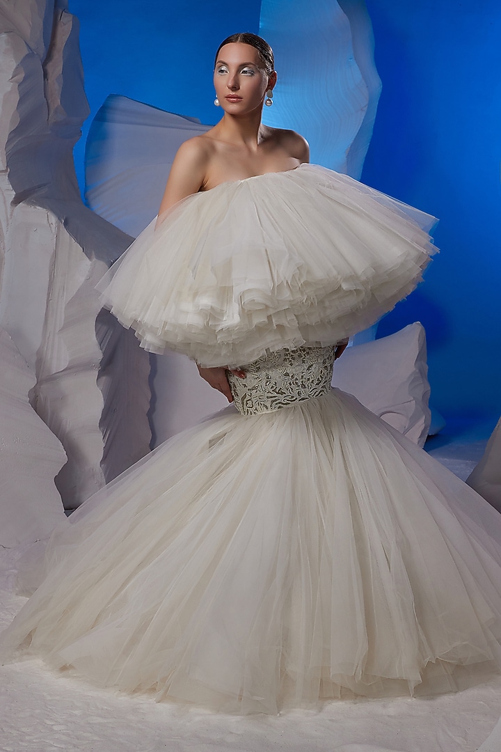 Off-White Net Bridal Gown by Samant Chauhan at Pernia's Pop Up Shop