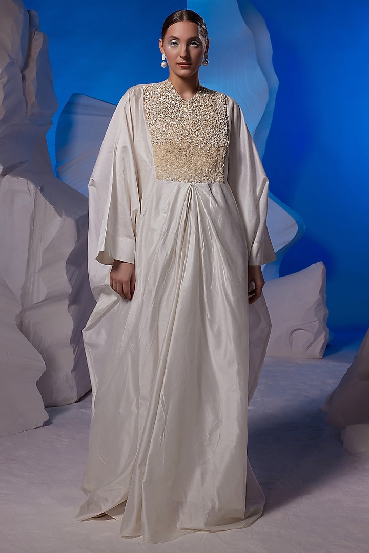 Ivory Cotton Silk & Fine Cotton Kaftan by Samant Chauhan at Pernia's Pop Up Shop