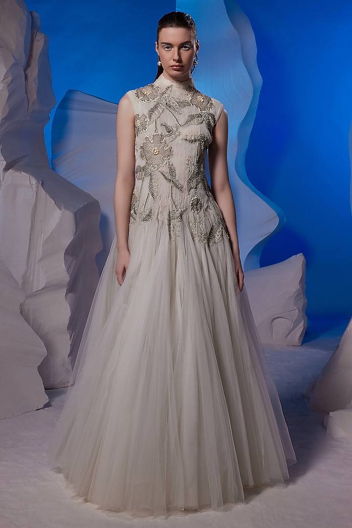 Ivory Net & Fine Cotton Wedding Gown by Samant Chauhan at Pernia's Pop Up Shop