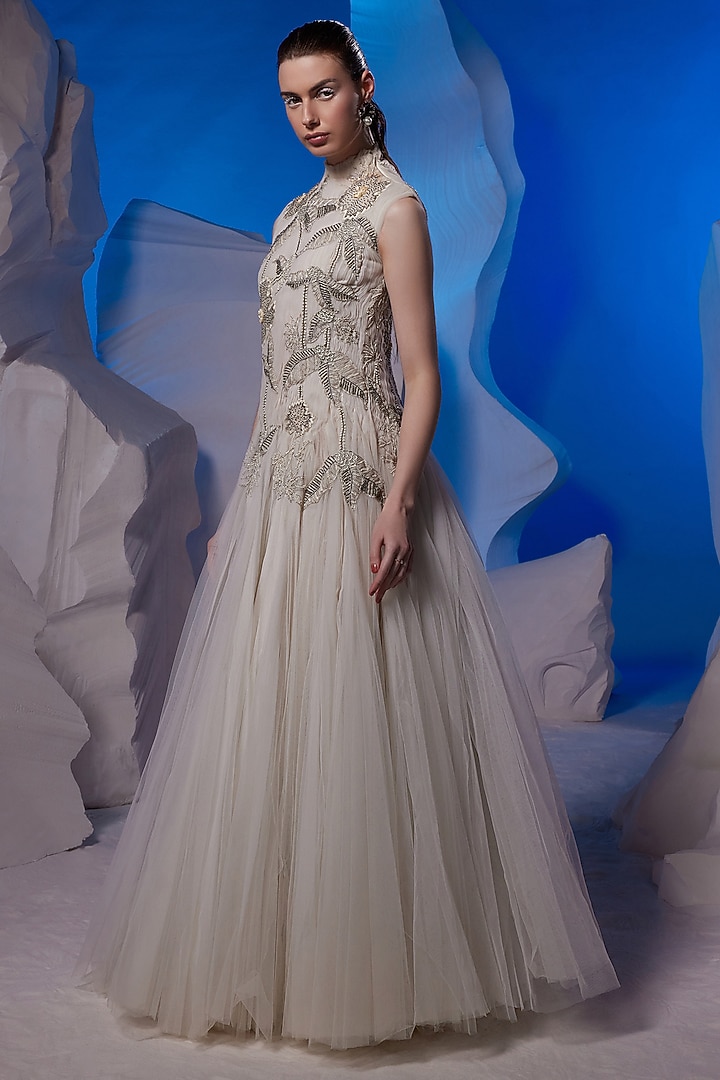 Ivory Net & Fine Cotton Wedding Gown by Samant Chauhan at Pernia's Pop Up Shop