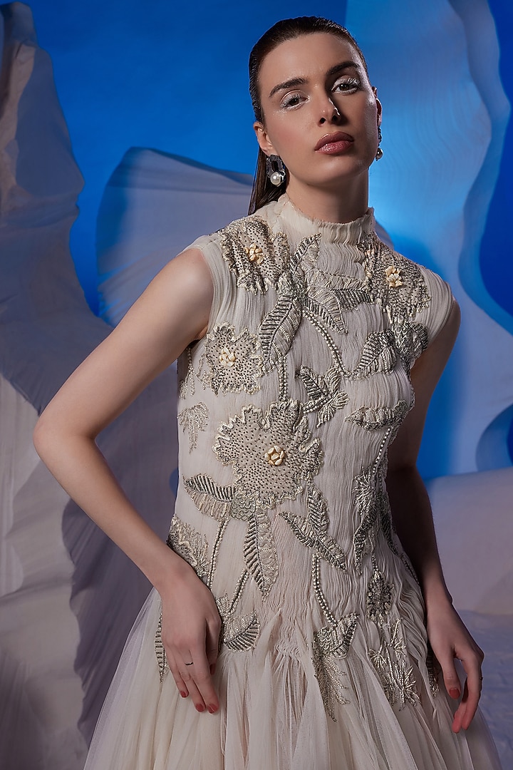 Ivory Net & Fine Cotton Wedding Gown by Samant Chauhan at Pernia's Pop Up Shop
