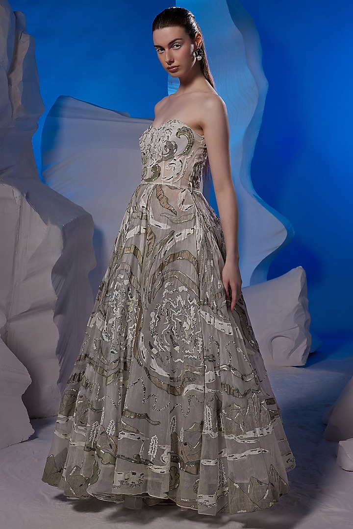 Ivory Organza Silk Off-Shoulder Bridal Gown by Samant Chauhan at Pernia's Pop Up Shop