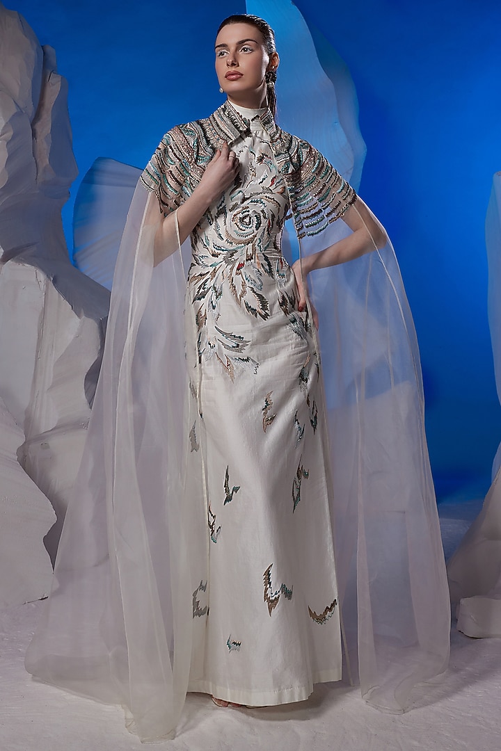 Ivory Organza Silk & Cotton Silk Jacket Party Wear Dress by Samant Chauhan at Pernia's Pop Up Shop