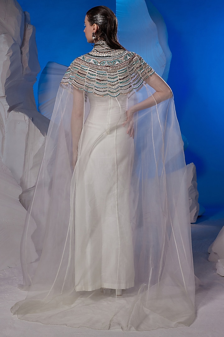 Ivory Organza Silk & Cotton Silk Jacket Party Wear Dress by Samant Chauhan at Pernia's Pop Up Shop