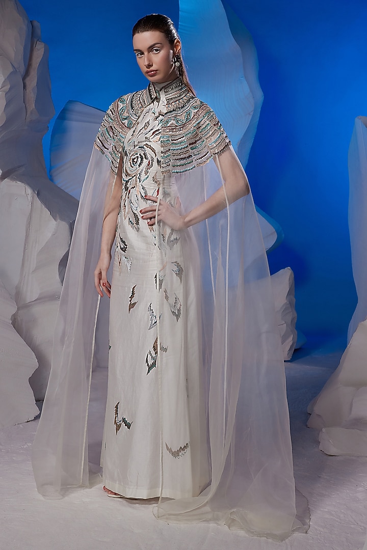 Ivory Organza Silk & Cotton Silk Jacket Party Wear Dress by Samant Chauhan at Pernia's Pop Up Shop