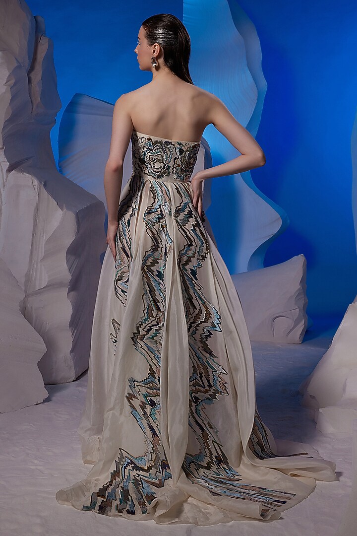 Ivory Organza Silk & Fine Cotton One-Shoulder Wedding Gown by Samant Chauhan at Pernia's Pop Up Shop