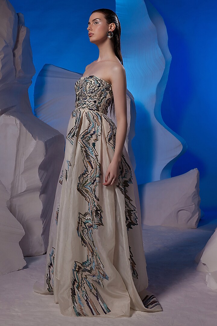 Ivory Organza Silk & Fine Cotton One-Shoulder Wedding Gown by Samant Chauhan at Pernia's Pop Up Shop
