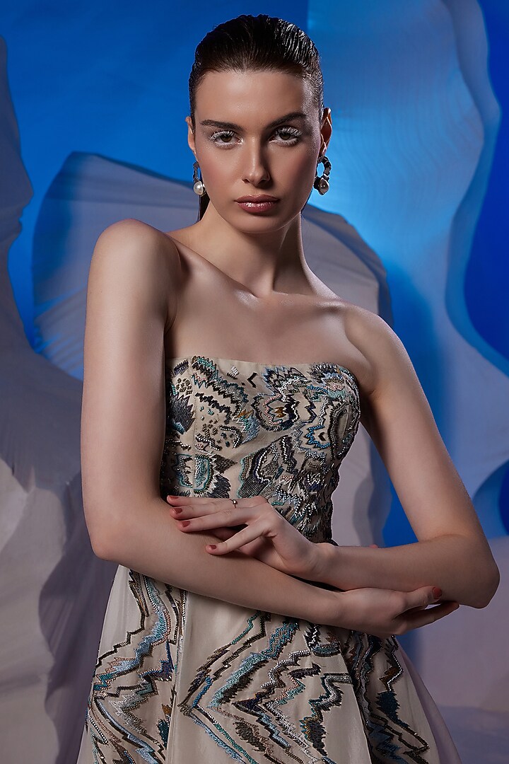 Ivory Organza Silk & Fine Cotton One-Shoulder Wedding Gown by Samant Chauhan at Pernia's Pop Up Shop