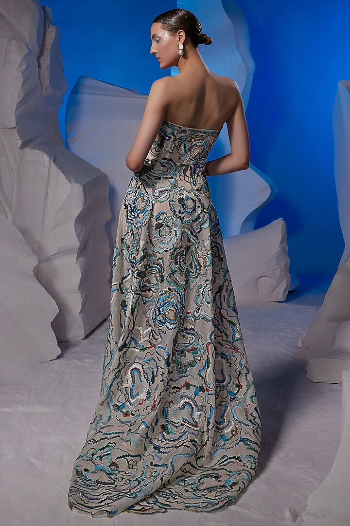 Ivory Organza Silk & Fine Cotton Off-Shoulder Party Wear Dress by Samant Chauhan at Pernia's Pop Up Shop