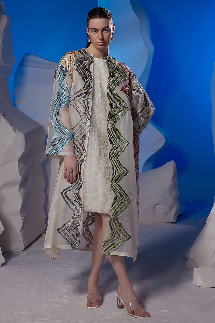 Ivory Organza Silk & Cotton Silk Jacket Party Wear Dress by Samant Chauhan at Pernia's Pop Up Shop