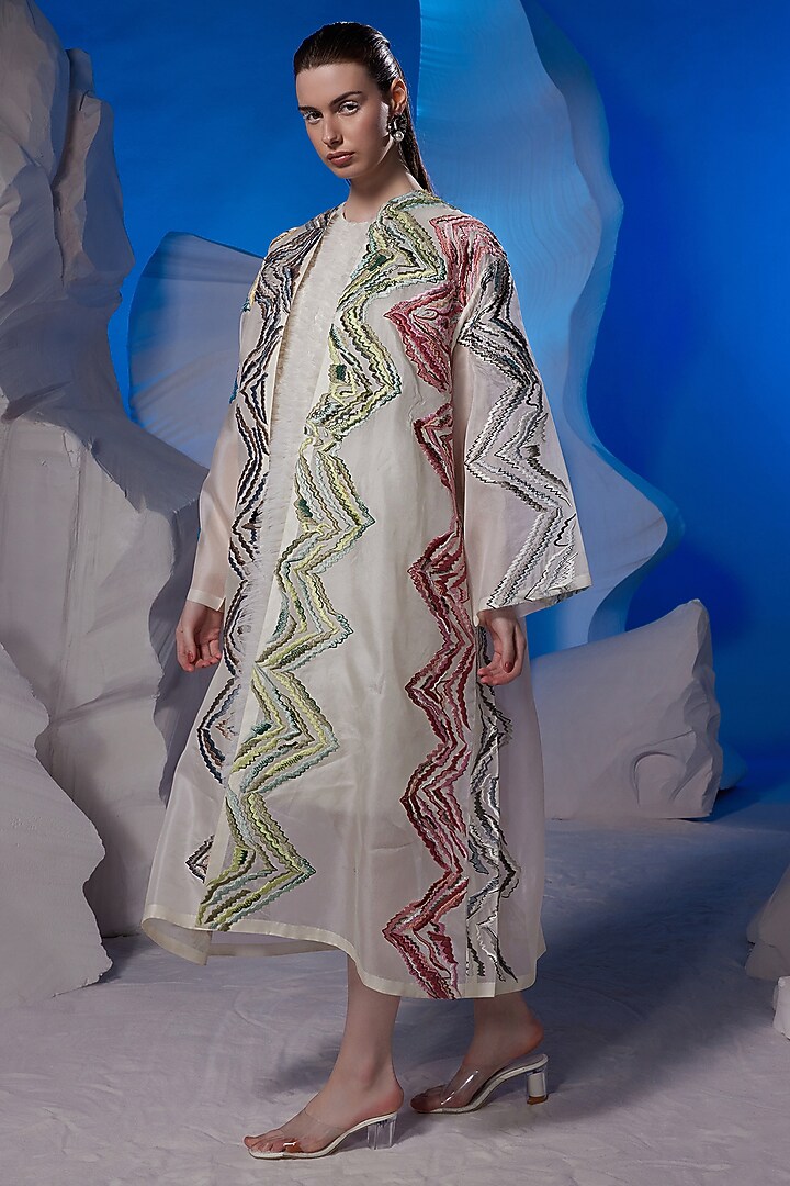 Ivory Organza Silk & Cotton Silk Jacket Party Wear Dress by Samant Chauhan at Pernia's Pop Up Shop