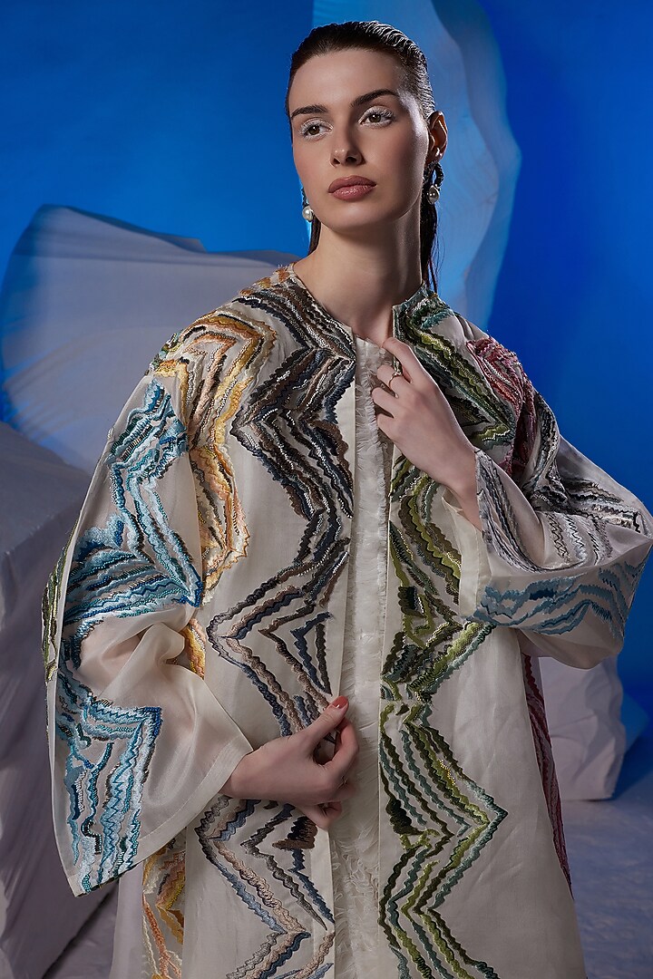 Ivory Organza Silk & Cotton Silk Jacket Party Wear Dress by Samant Chauhan at Pernia's Pop Up Shop