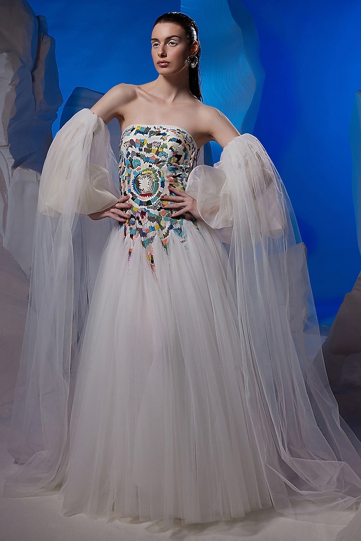 Ivory Fine Net & Cotton Silk Off-Shoulder Wedding Gown by Samant Chauhan at Pernia's Pop Up Shop