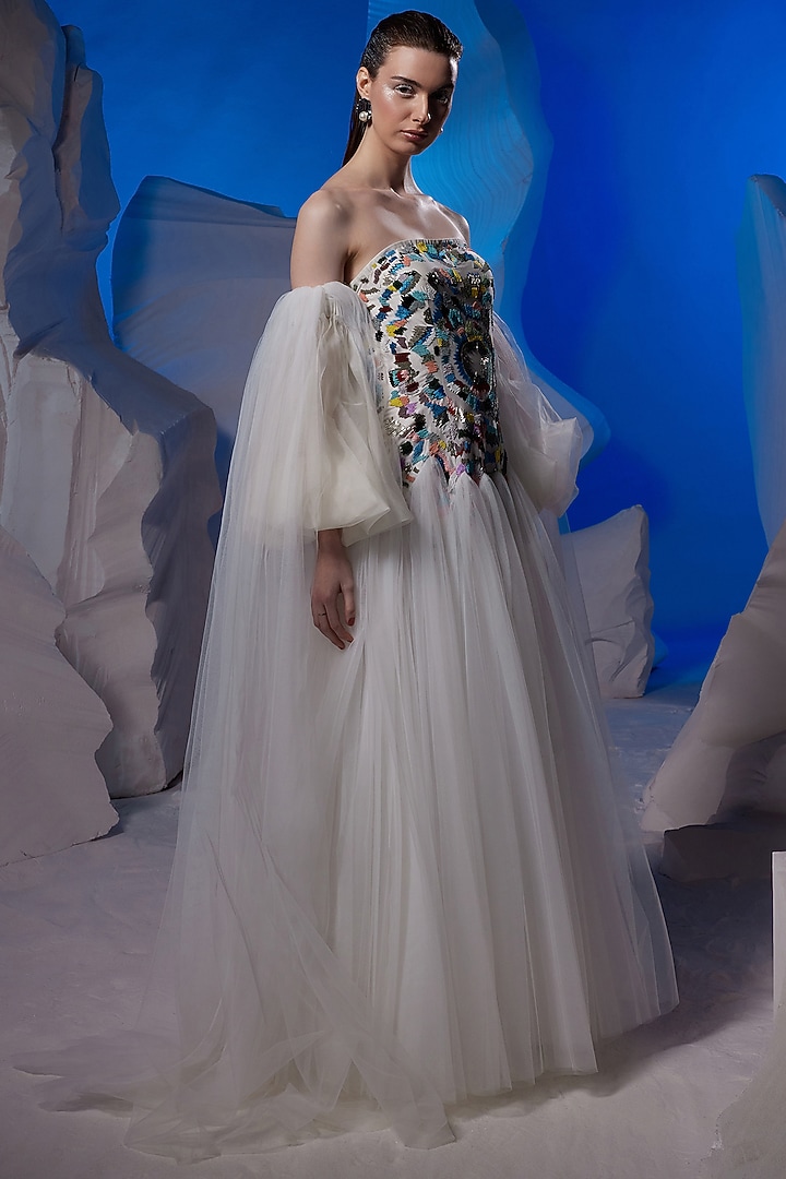 Ivory Fine Net & Cotton Silk Off-Shoulder Wedding Gown by Samant Chauhan at Pernia's Pop Up Shop