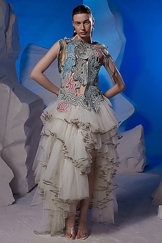 Ivory Cotton Silk & Net Dress by Samant Chauhan