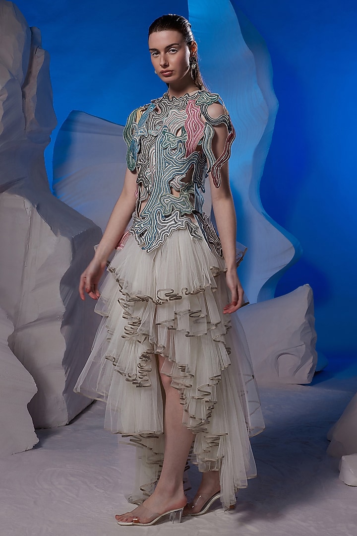 Ivory Cotton Silk & Net Party Wear Dress by Samant Chauhan at Pernia's Pop Up Shop