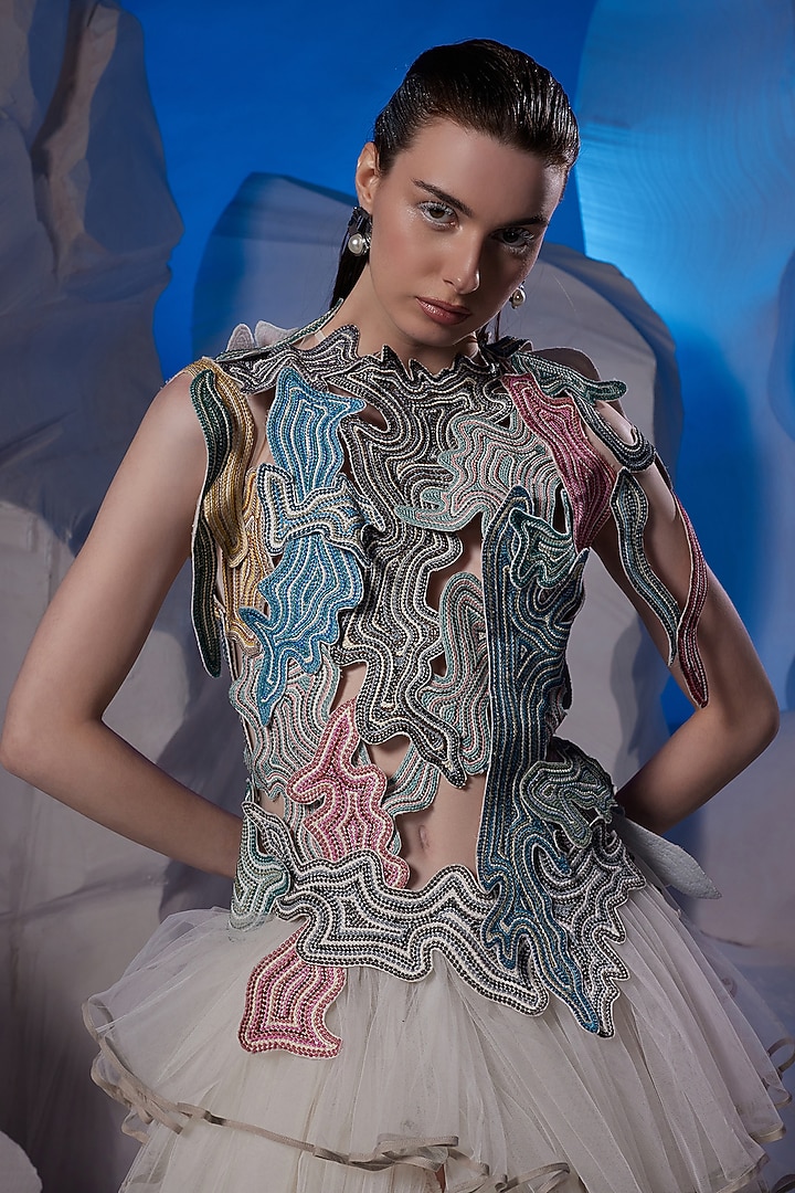 Ivory Cotton Silk & Net Party Wear Dress by Samant Chauhan at Pernia's Pop Up Shop