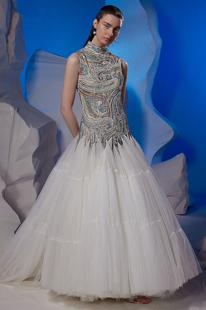 Ivory Fine Cotton & Net Wedding Gown by Samant Chauhan at Pernia's Pop Up Shop