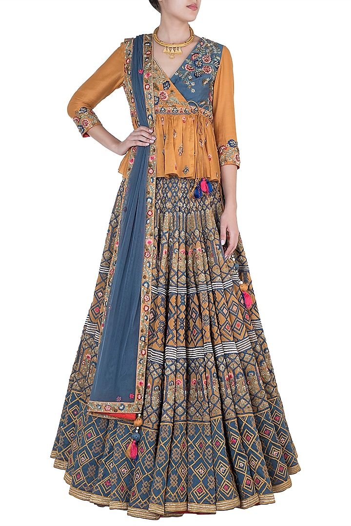 Mustard & Blue Embroidered Bridal Lehenga Set by Samant Chauhan at Pernia's Pop Up Shop