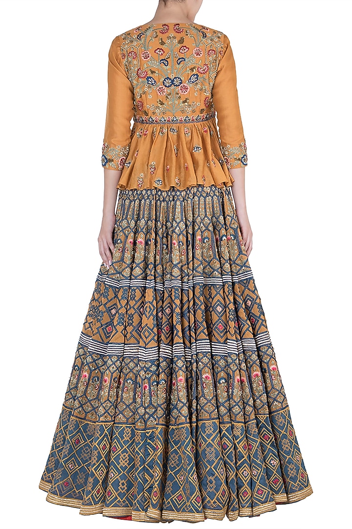 Mustard & Blue Embroidered Bridal Lehenga Set by Samant Chauhan at Pernia's Pop Up Shop