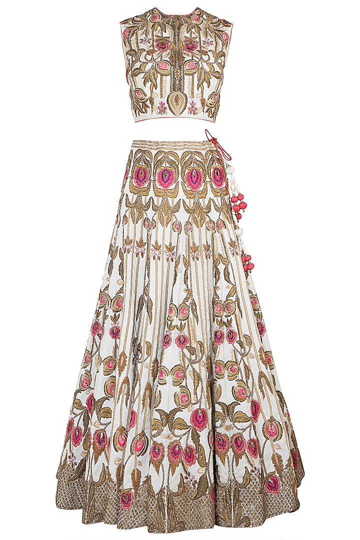 Off White Embroidered Cotton Silk Lehenga Set by Samant Chauhan