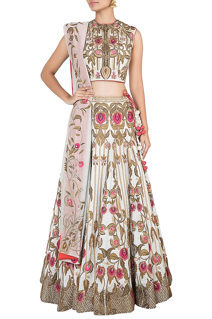 Off White Embroidered Cotton Silk Bridal Lehenga Set by Samant Chauhan at Pernia's Pop Up Shop