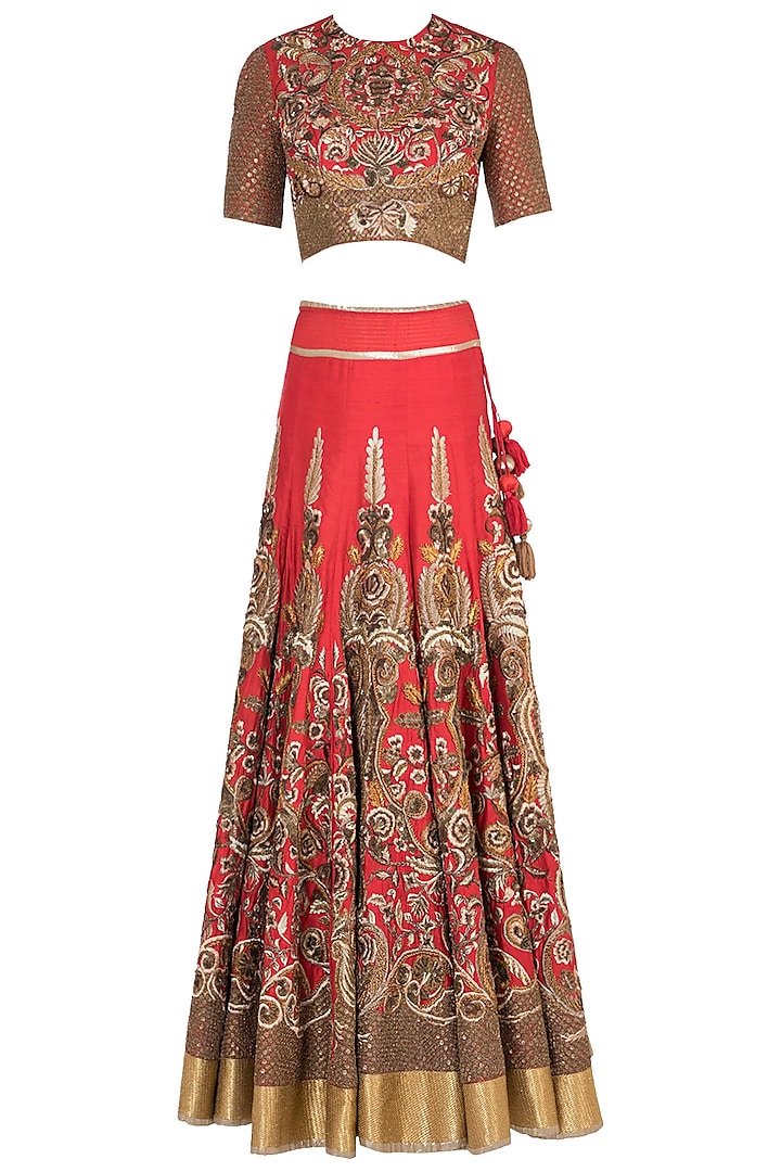 Red Embroidered Lehenga Set by Samant Chauhan