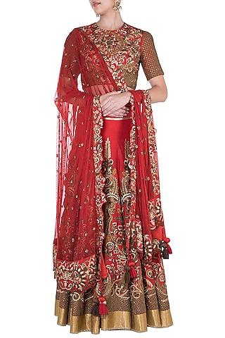 Red Embroidered Lehenga Set by Samant Chauhan