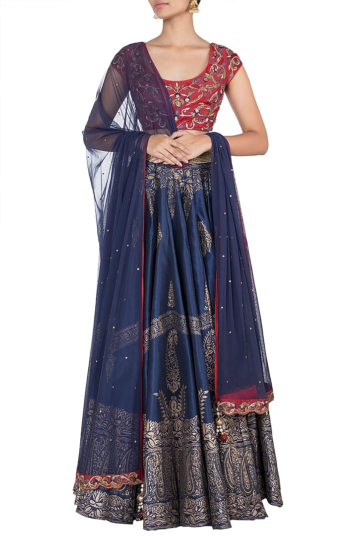Navy Blue Embroidered Printed Wedding Lehenga Set by Samant Chauhan at Pernia's Pop Up Shop