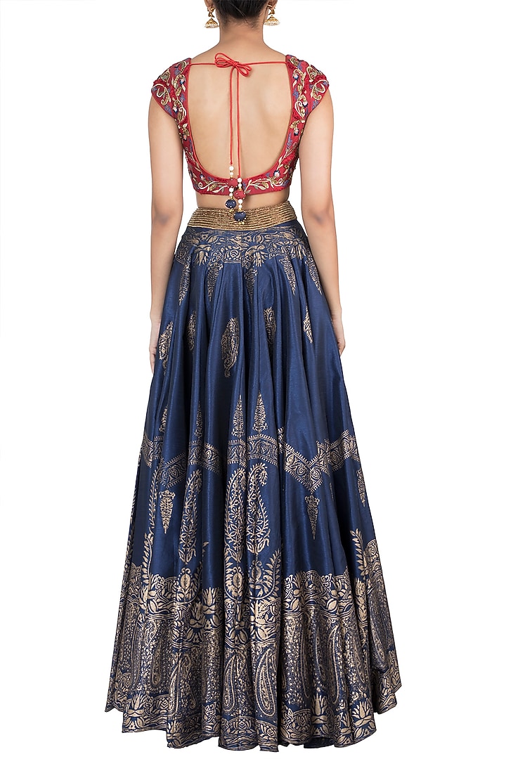 Navy Blue Embroidered Printed Wedding Lehenga Set by Samant Chauhan at Pernia's Pop Up Shop
